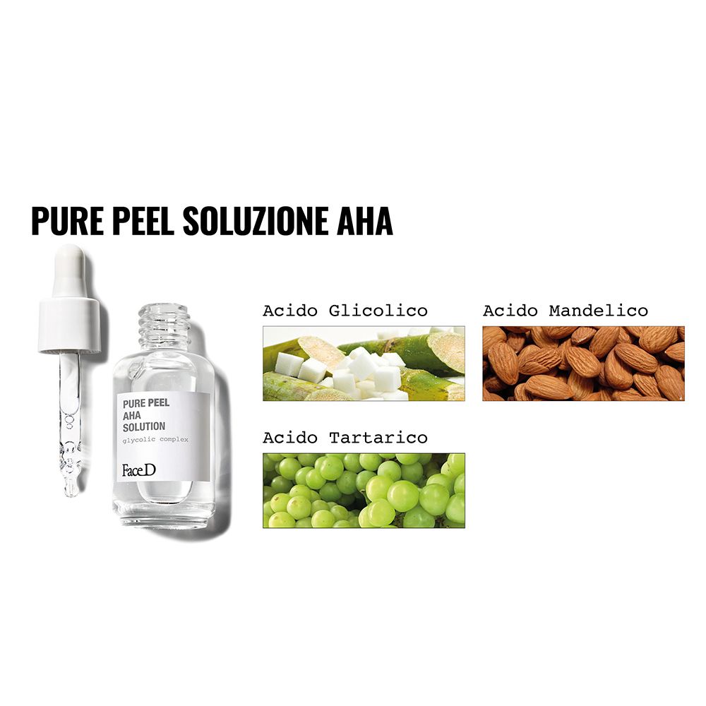 FACE D Pure Peel AHA Solution. Prodotto con ingredienti. Acido glicolico, mandelico, tartarico. Flacone con contagocce.