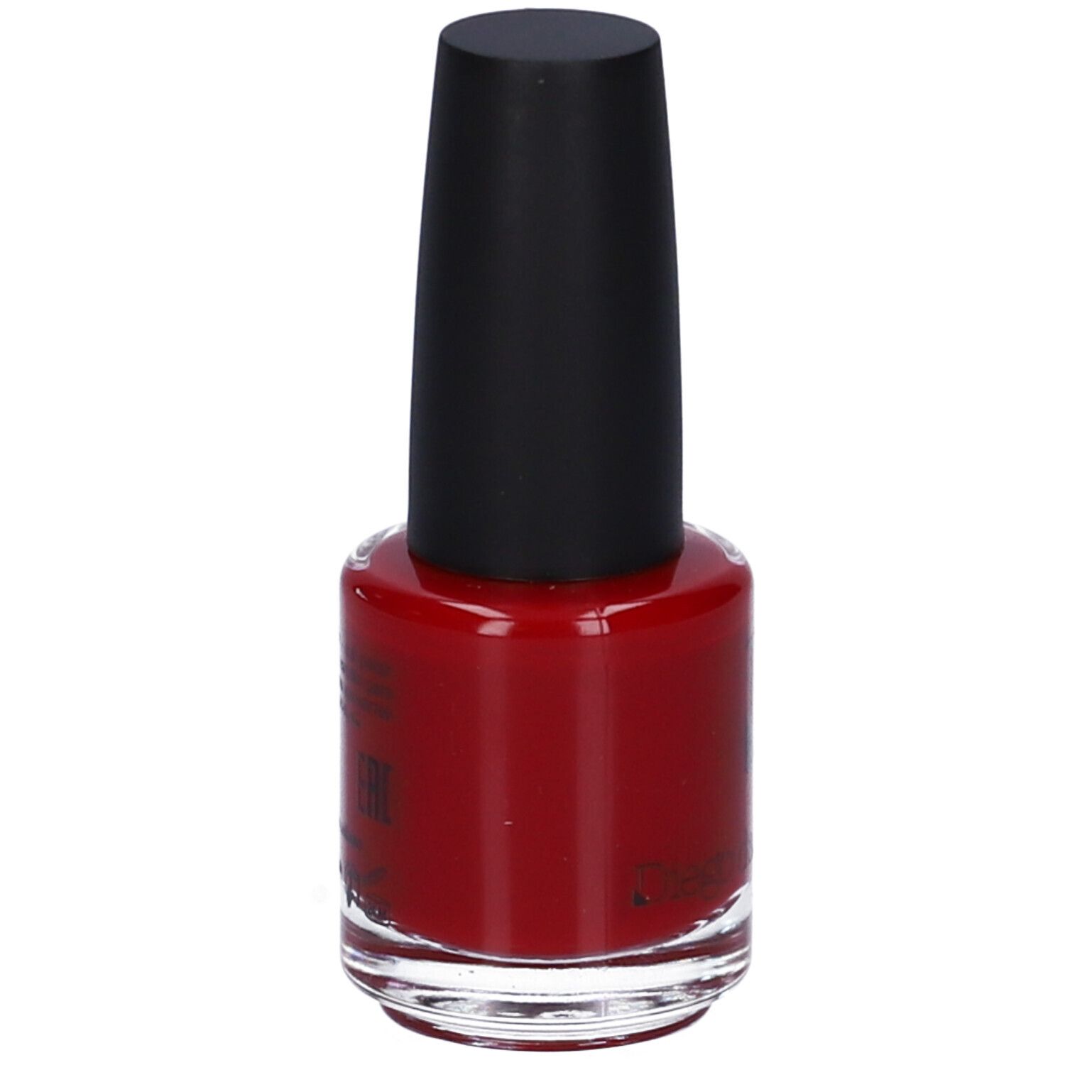 Flacone di smalto rosso con tappo nero. Etichetta con testo.