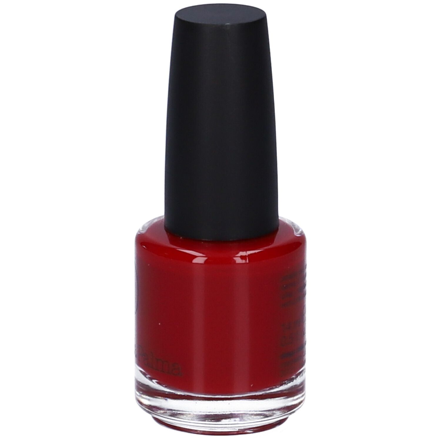 Flacone di smalto rosso con tappo nero. Etichetta con testo.