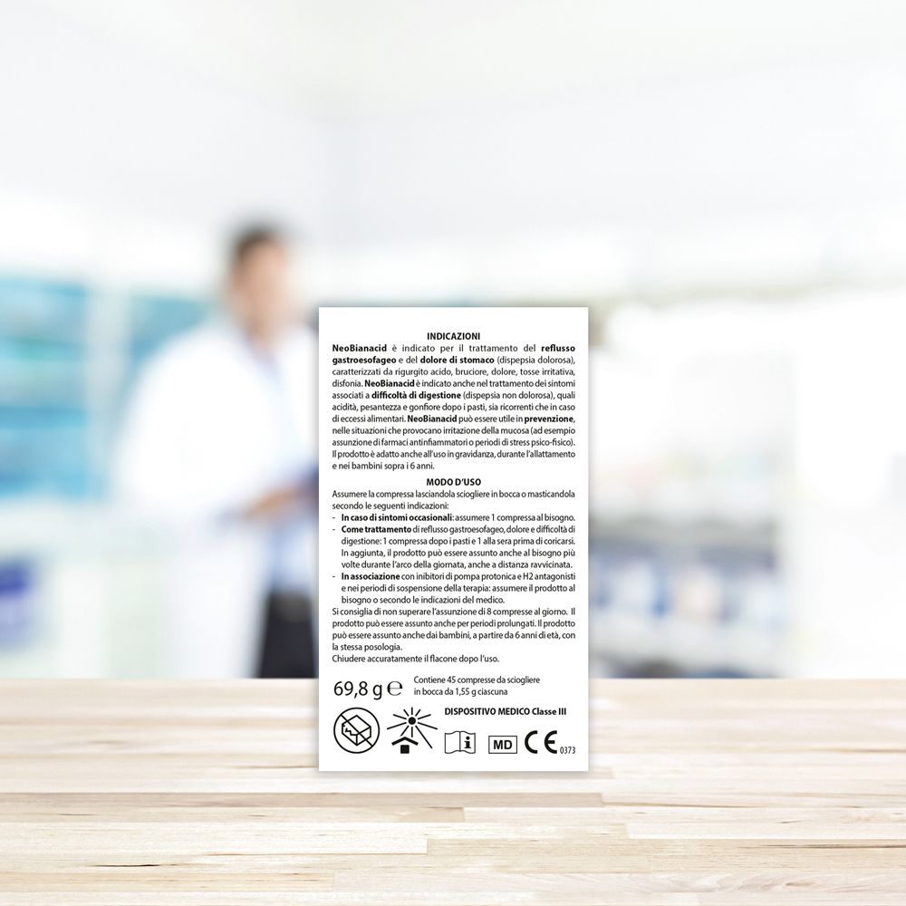 Retro della scatola di Neobianacid. Informazioni su uso e ingredienti. Dispositivo medico.