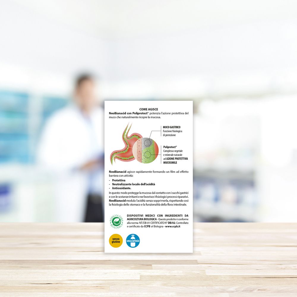 Retro della scatola di Neobianacid. Informazioni su come funziona. Dispositivo medico.
