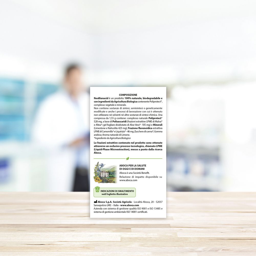 Retro della scatola di Neobianacid. Informazioni sugli ingredienti. Dispositivo medico.