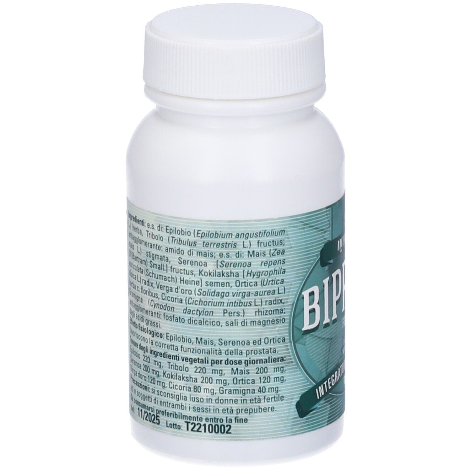 Retro del flacone bianco. Testo con ingredienti e informazioni. Etichetta verde.