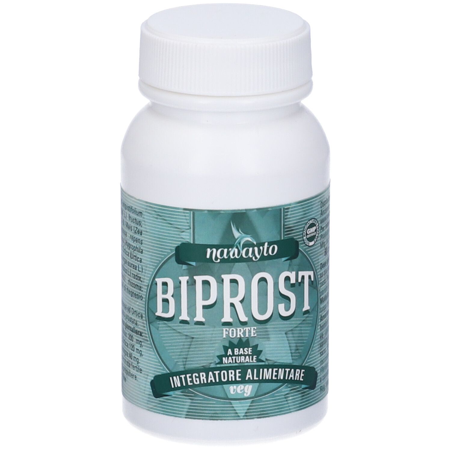 Flacone bianco con etichetta verde. Scritta: Biprost Forte, Integratore Alimentare. Tappo in alto.