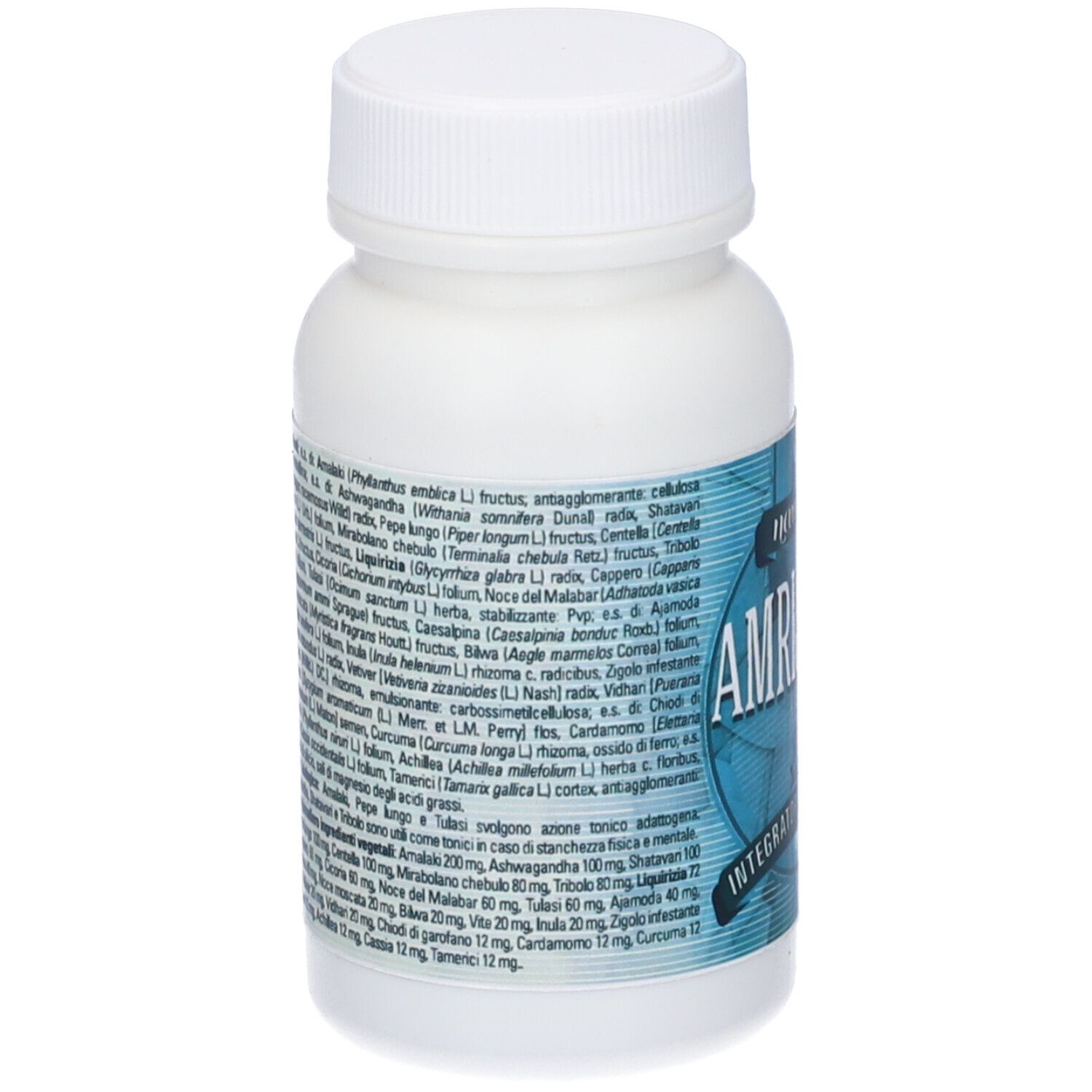 Retro di un flacone bianco con elenco ingredienti. Testo in italiano. Il corpo del flacone è bianco.