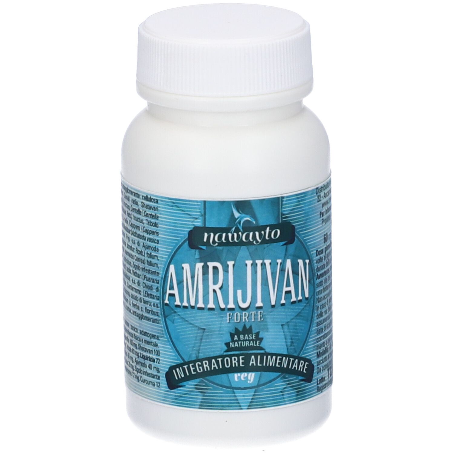 Flacone bianco con etichetta blu. Scritta: Amrijivan Forte, integratore alimentare. Tappo e flacone bianchi.