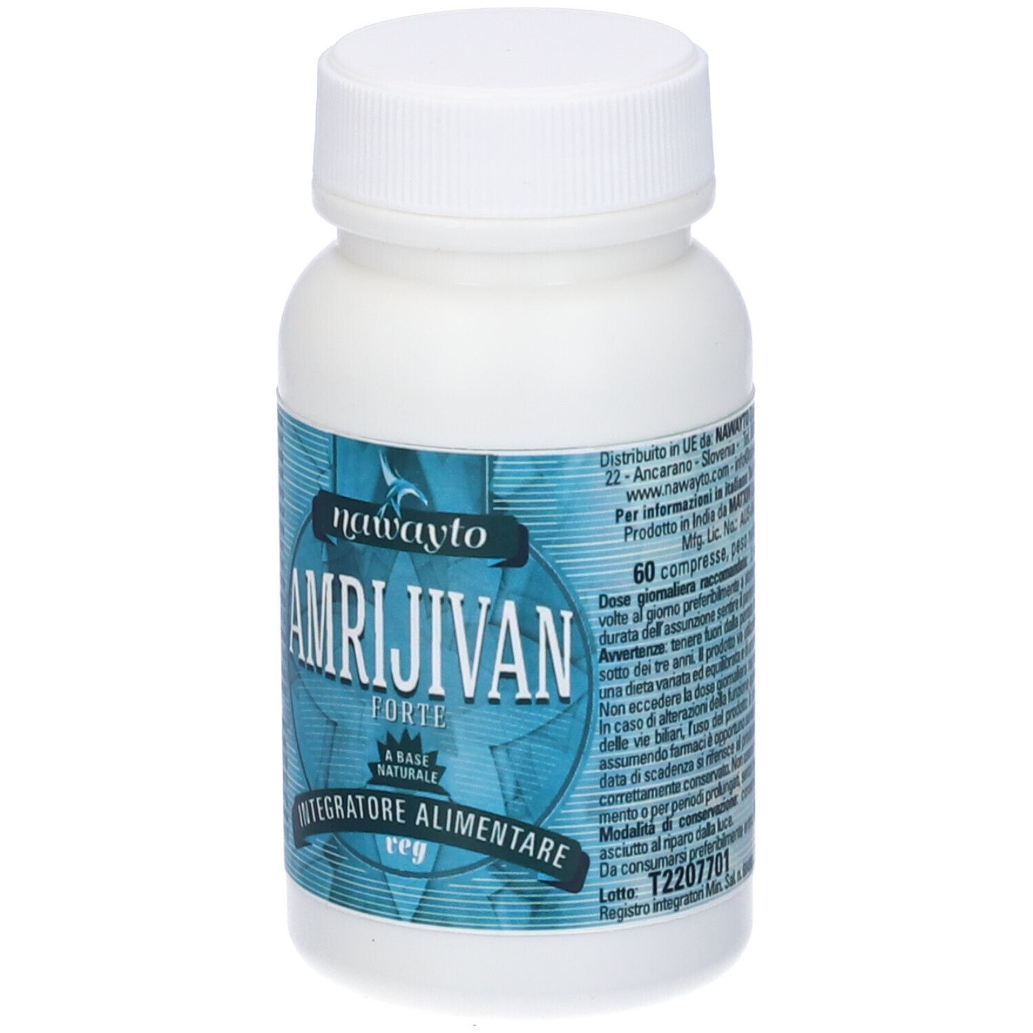 Flacone bianco con etichetta blu. Scritta: Amrijivan Forte, integratore alimentare. Contiene 60 compresse. Tappo e flacone bianchi.