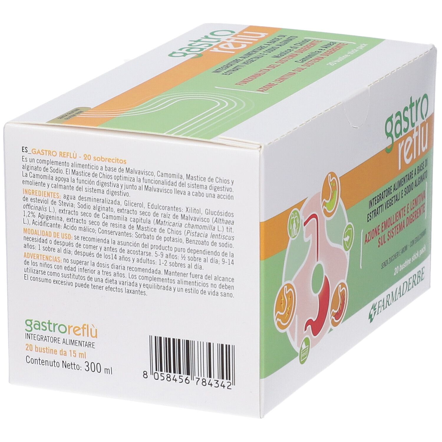 Retro della confezione Gastro Reflu' da 20 stick, con elenco ingredienti.