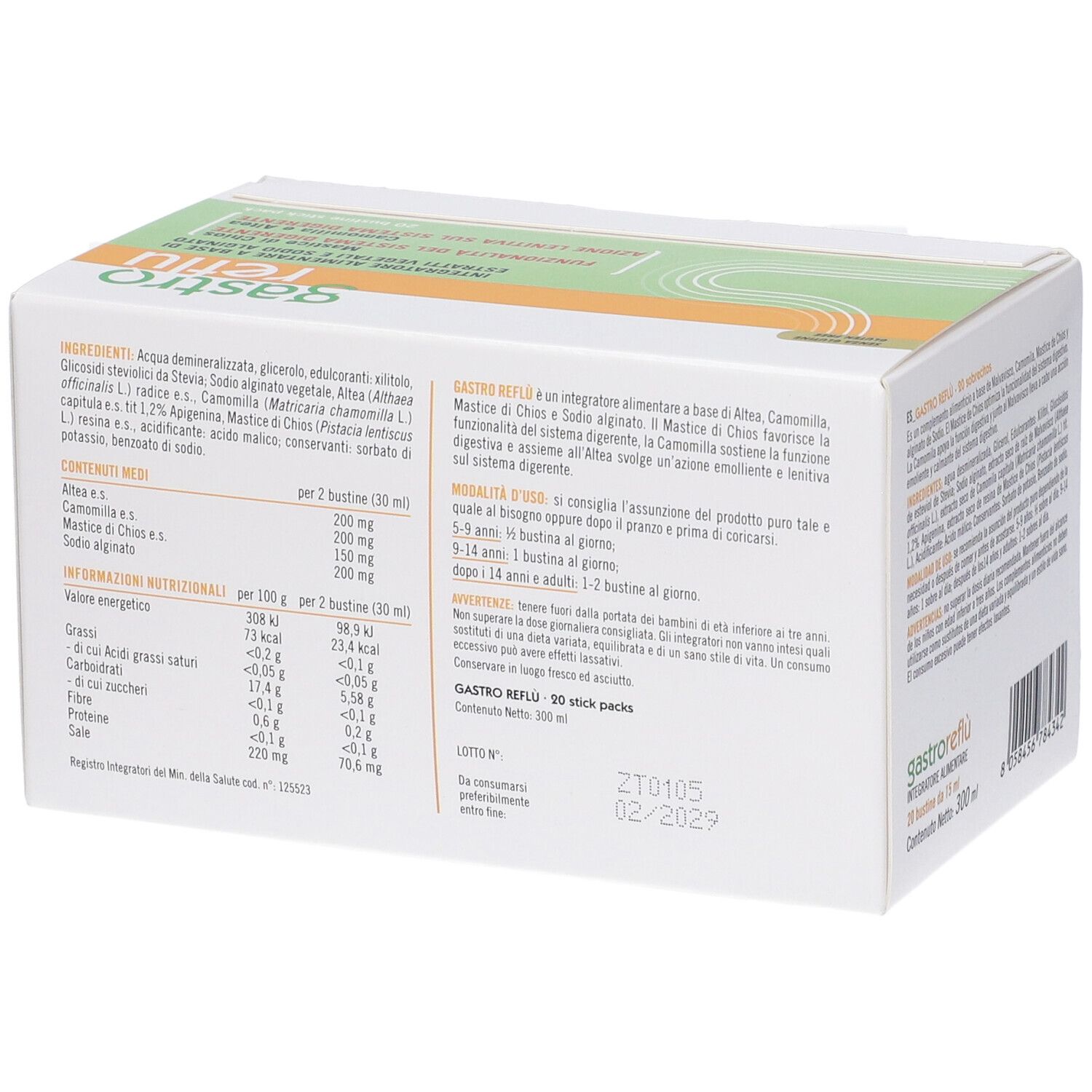 Vista laterale della confezione Gastro Reflu' da 20 stick, con informazioni nutrizionali.