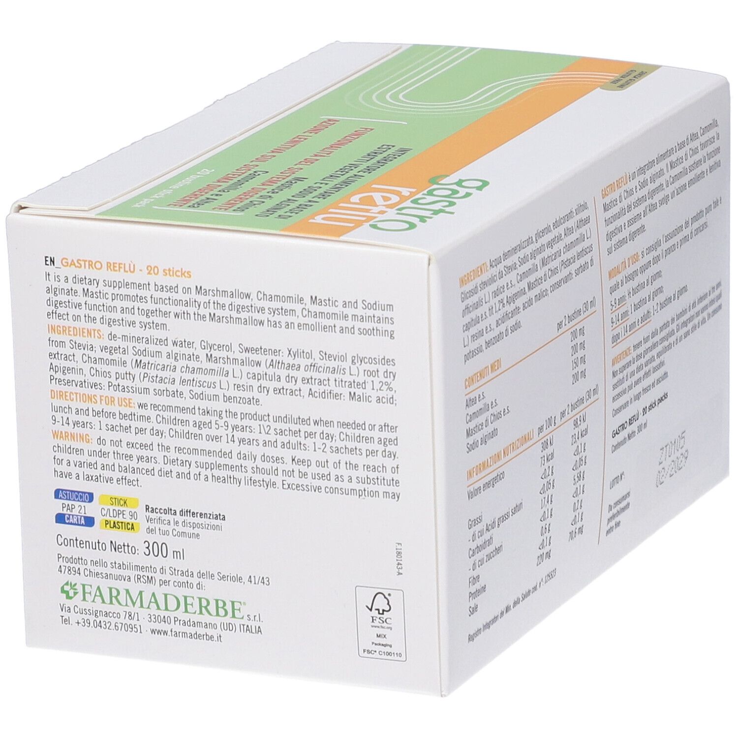 Vista laterale della confezione Gastro Reflu' da 20 stick, con istruzioni d'uso.