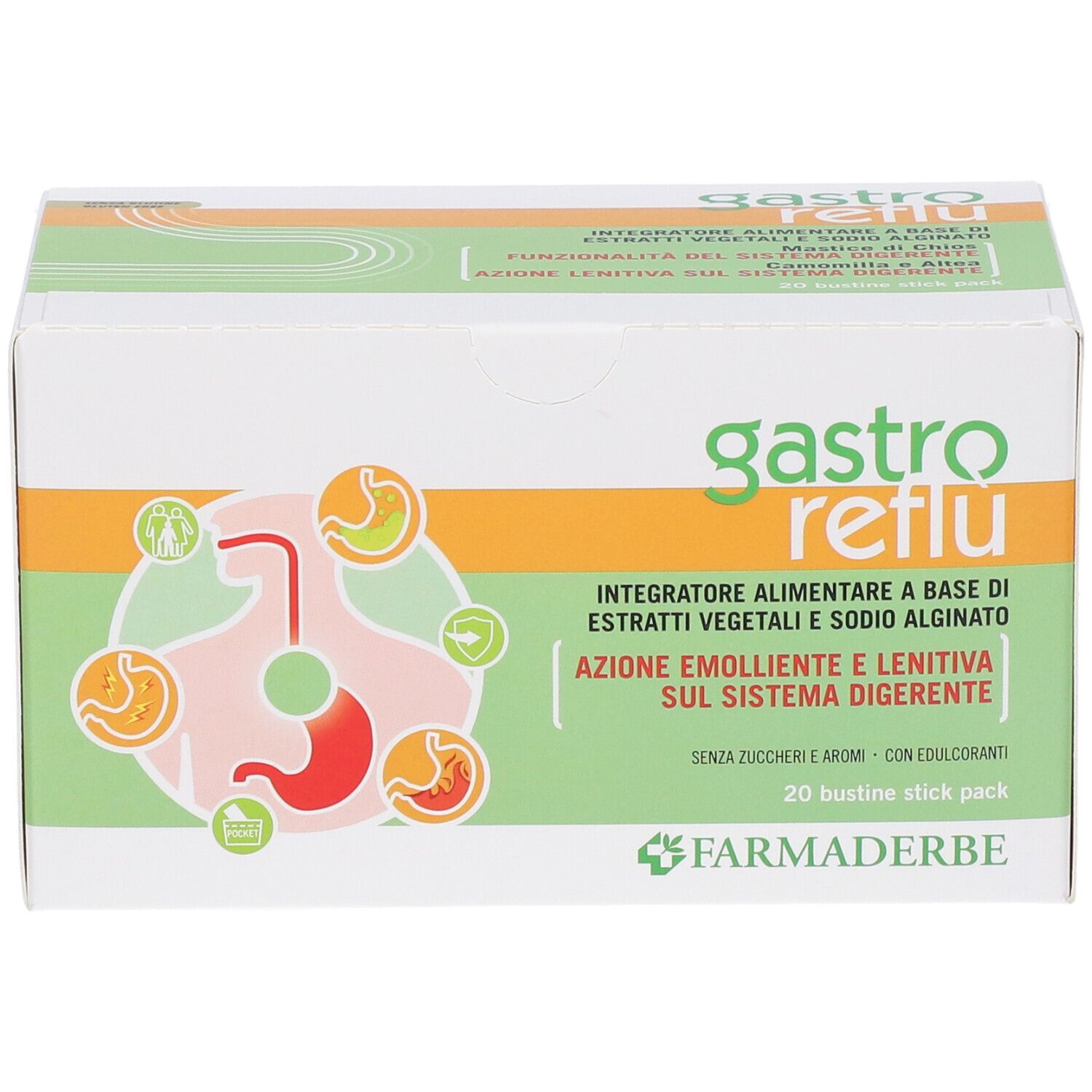 Confezione Gastro Reflu' da 20 stick, fronte con illustrazione del sistema digestivo.