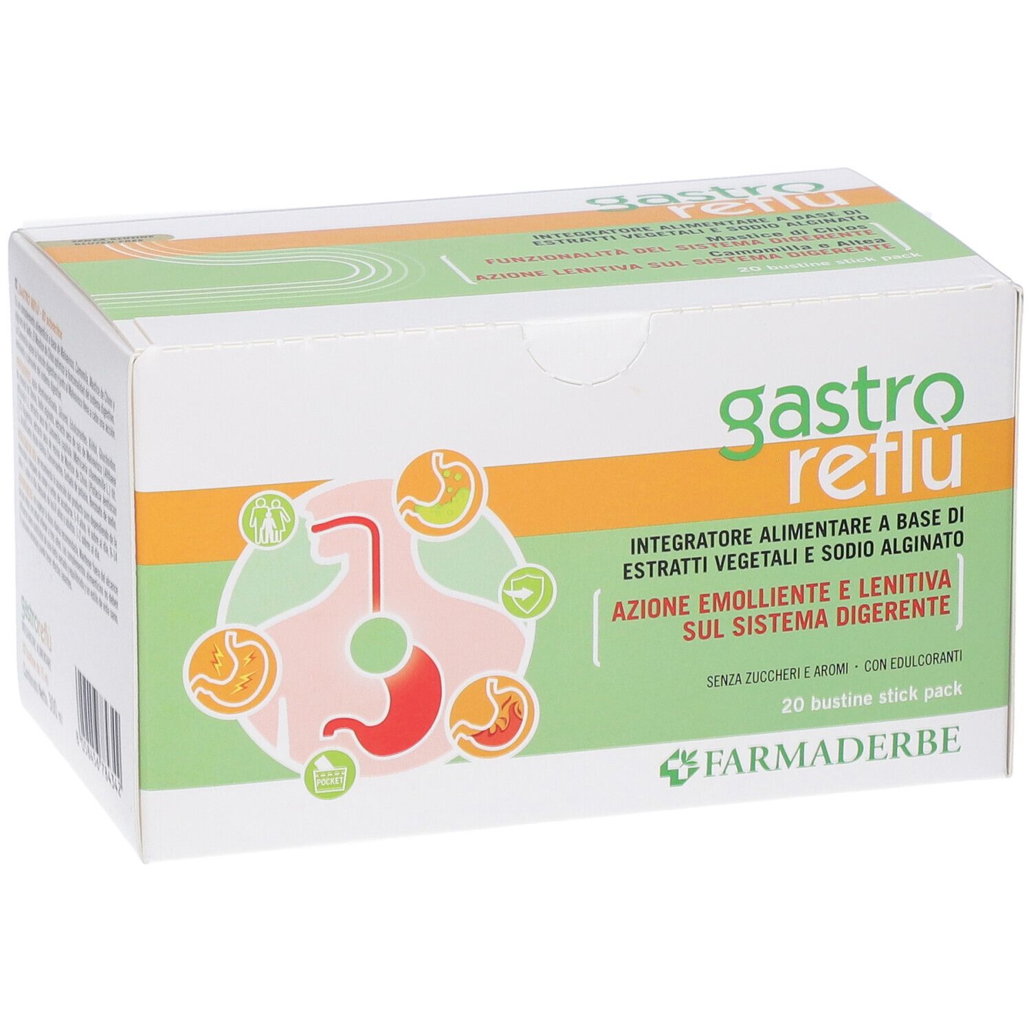 Confezione Gastro Reflu' da 20 stick, fronte con illustrazione del sistema digestivo.