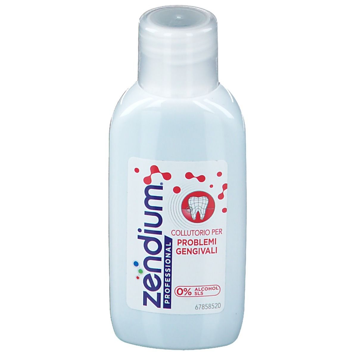 Flacone di collutorio Zendium Professional. Flacone bianco con etichetta rossa e bianca. Contiene testo e logo.
