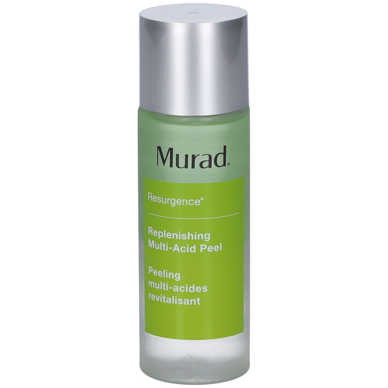 Flacone Murad Resurgence Multi-Acid Peel. Etichetta verde e bianca con informazioni. Tappo argentato.