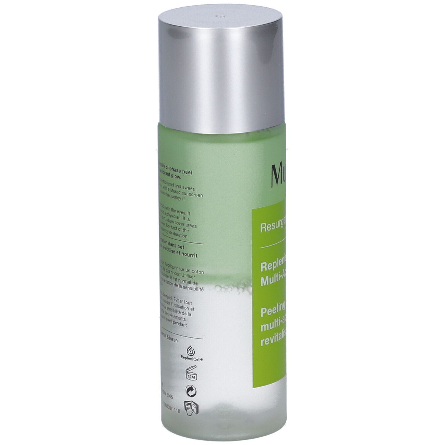 Flacone Murad Resurgence Multi-Acid Peel. Retro con testo. Tappo argentato. Contenuto verde visibile.