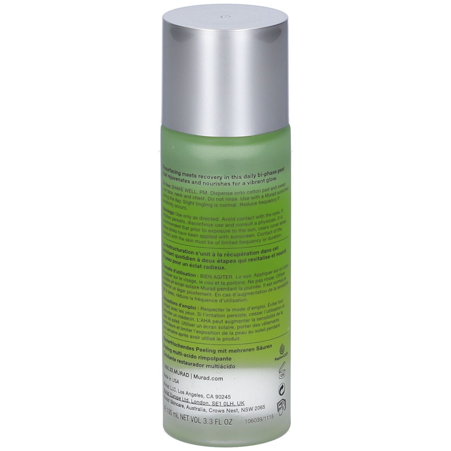 Flacone Murad Resurgence Multi-Acid Peel. Retro con testo. Tappo argentato. Contenuto verde visibile.