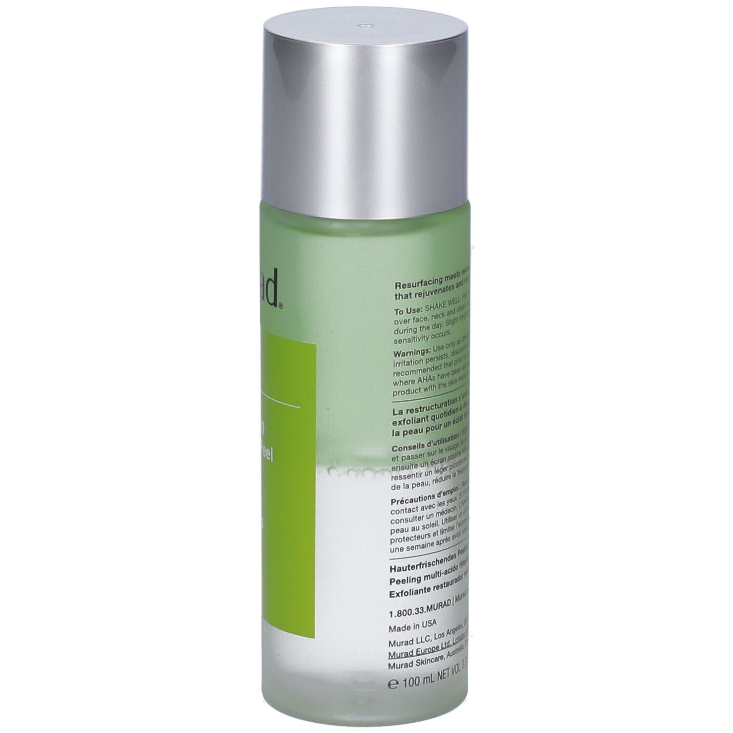 Flacone Murad Resurgence Multi-Acid Peel. Retro con testo. Tappo argentato. Contenuto verde visibile.
