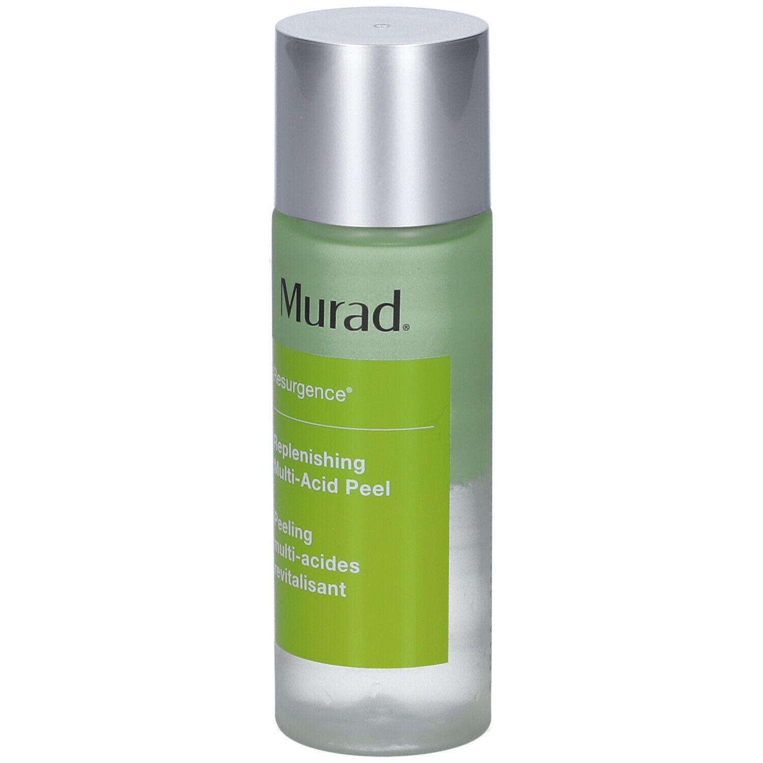 Flacone Murad Resurgence Multi-Acid Peel. Etichetta verde e bianca con informazioni. Tappo argentato.