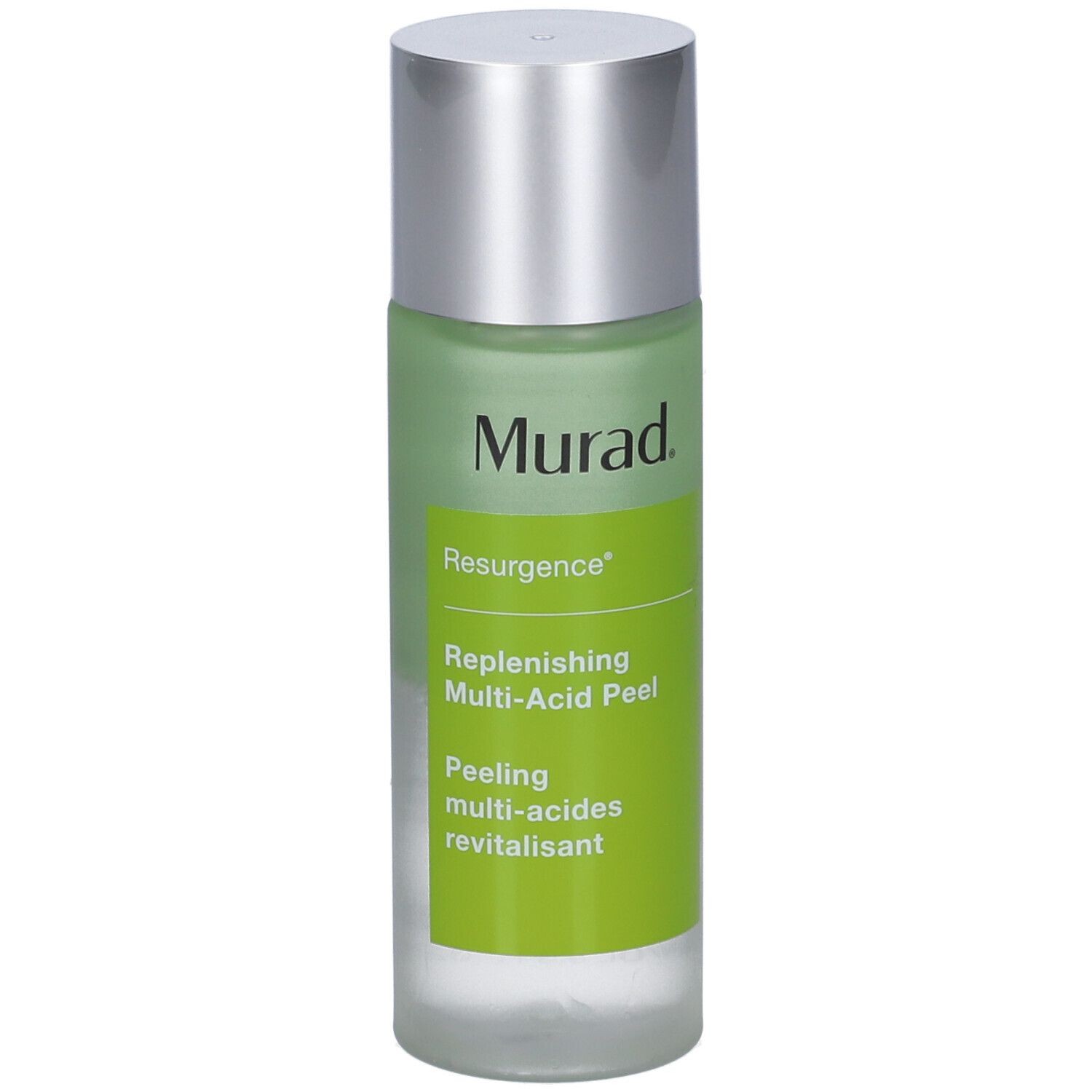 Flacone Murad Resurgence Multi-Acid Peel. Etichetta verde e bianca con informazioni. Tappo argentato.