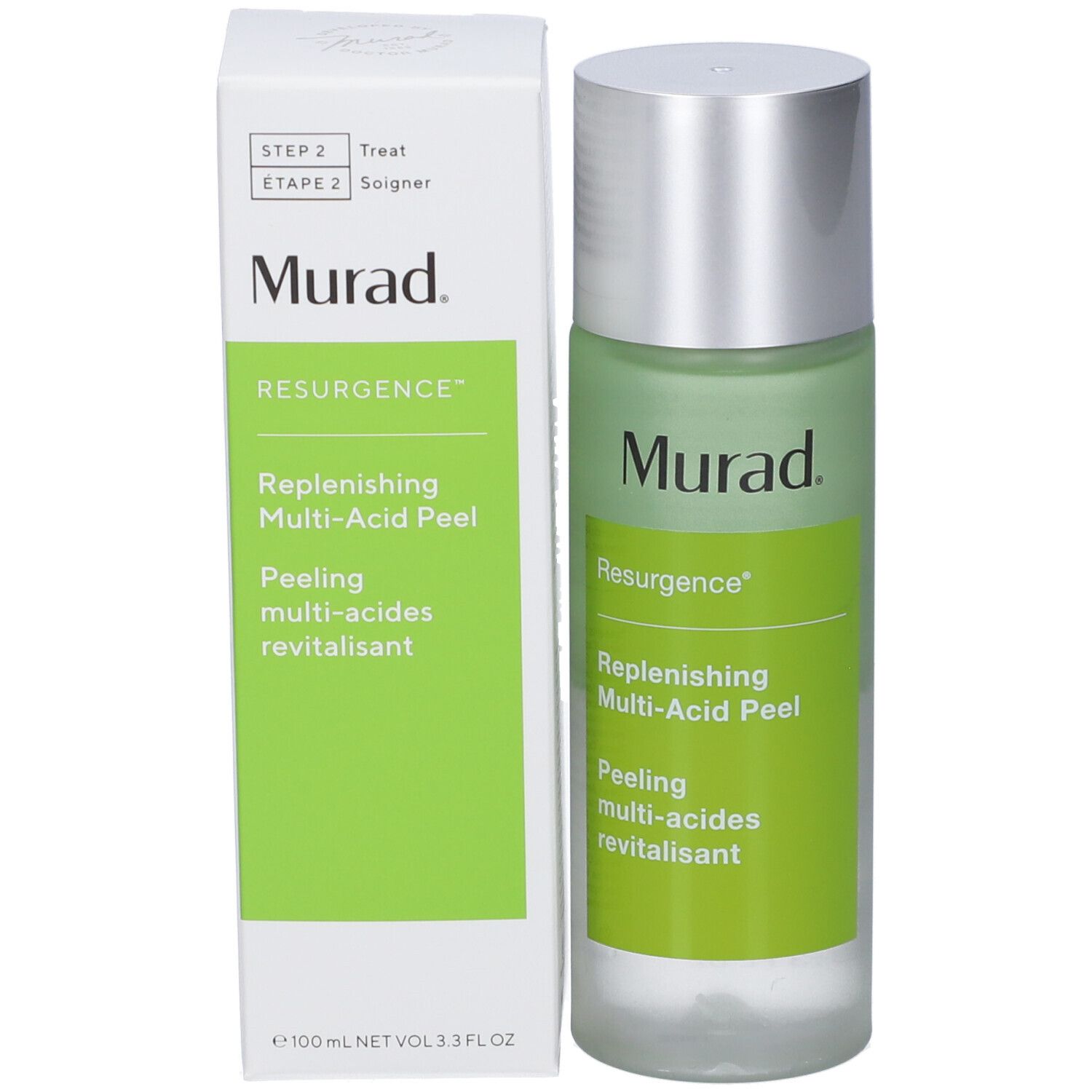 Flacone e confezione Murad Resurgence Multi-Acid Peel. Scatola bianca. Tappo argentato.