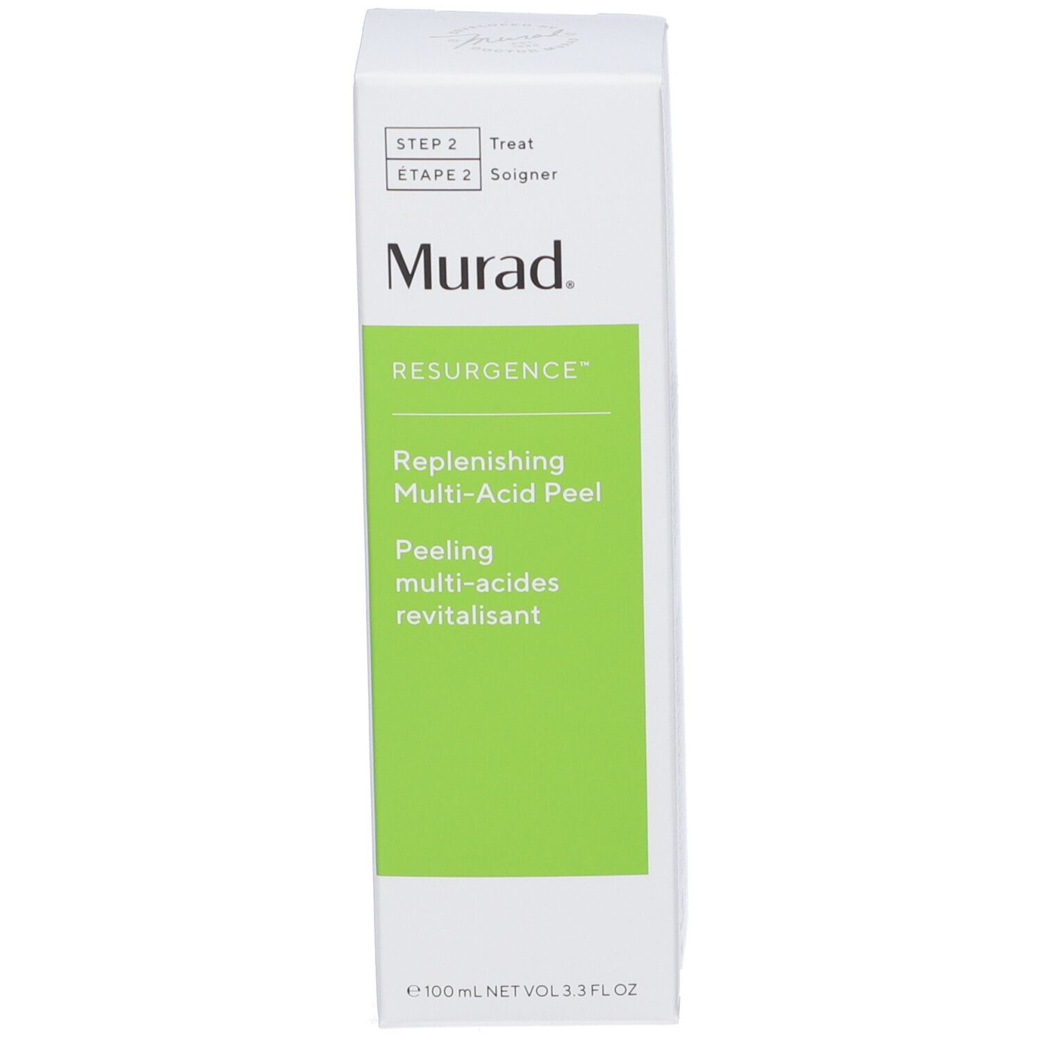 Confezione Murad Resurgence Multi-Acid Peel. Scatola bianca con dettagli verdi. Nome del prodotto.