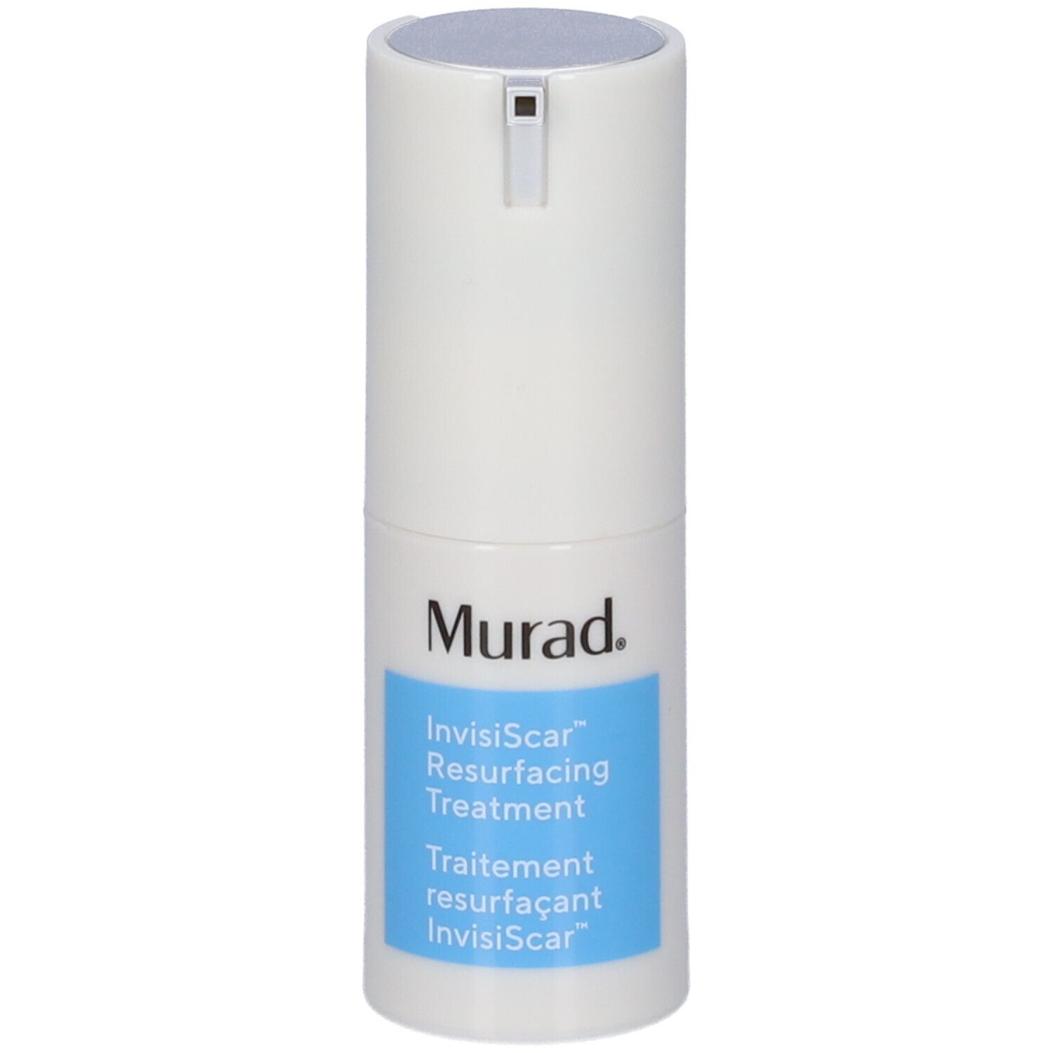Contenitore bianco con pompa. Scritta Murad, InvisiScar Resurfacing Treatment. Testo blu.