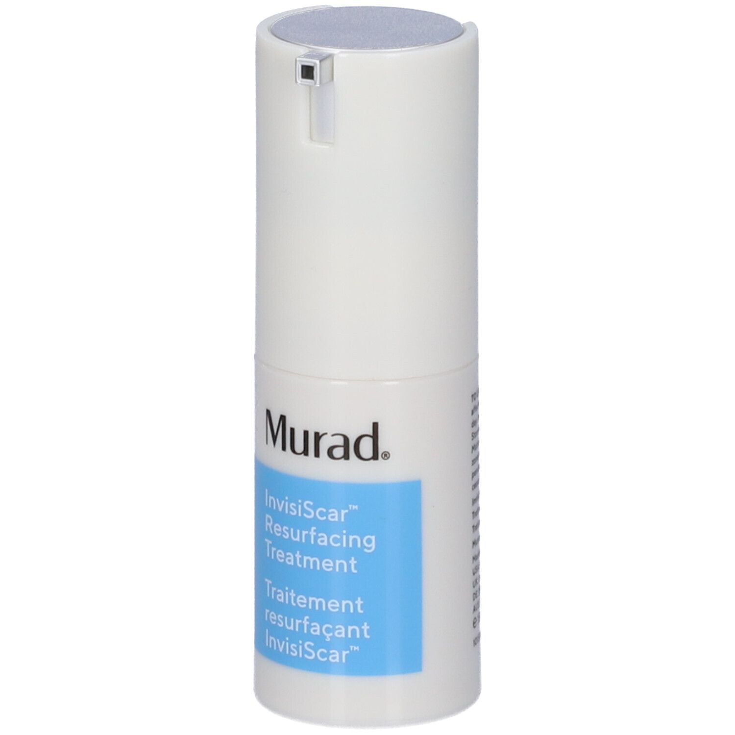 Contenitore bianco con pompa. Scritta Murad, InvisiScar Resurfacing Treatment. Testo blu.