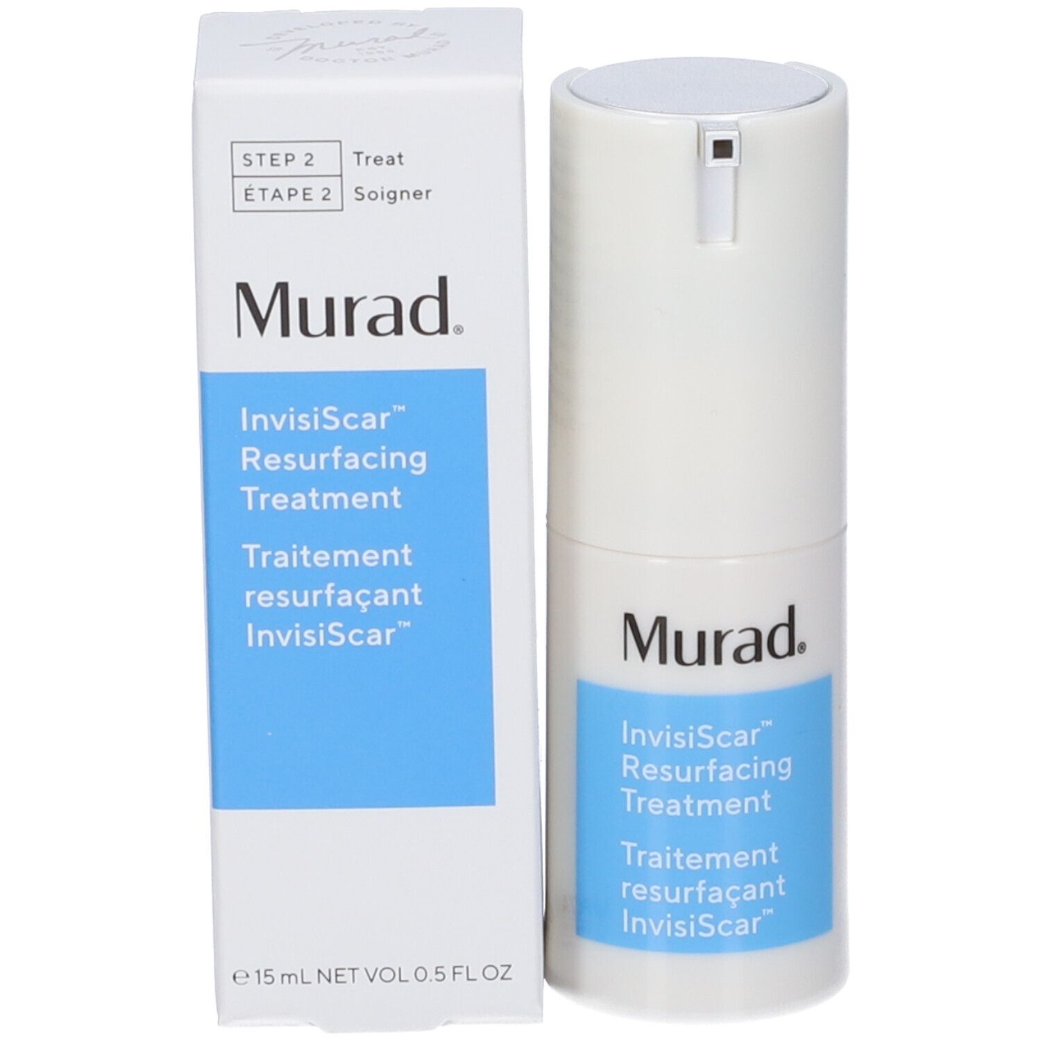 Prodotto e confezione. Contenitore bianco con pompa e scatola. Scritta Murad, InvisiScar.