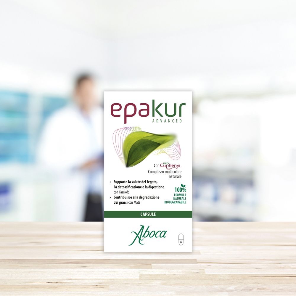 Confezione del prodotto Epakur Advanced. Sfondo sfocato. Testo sulla confezione.
