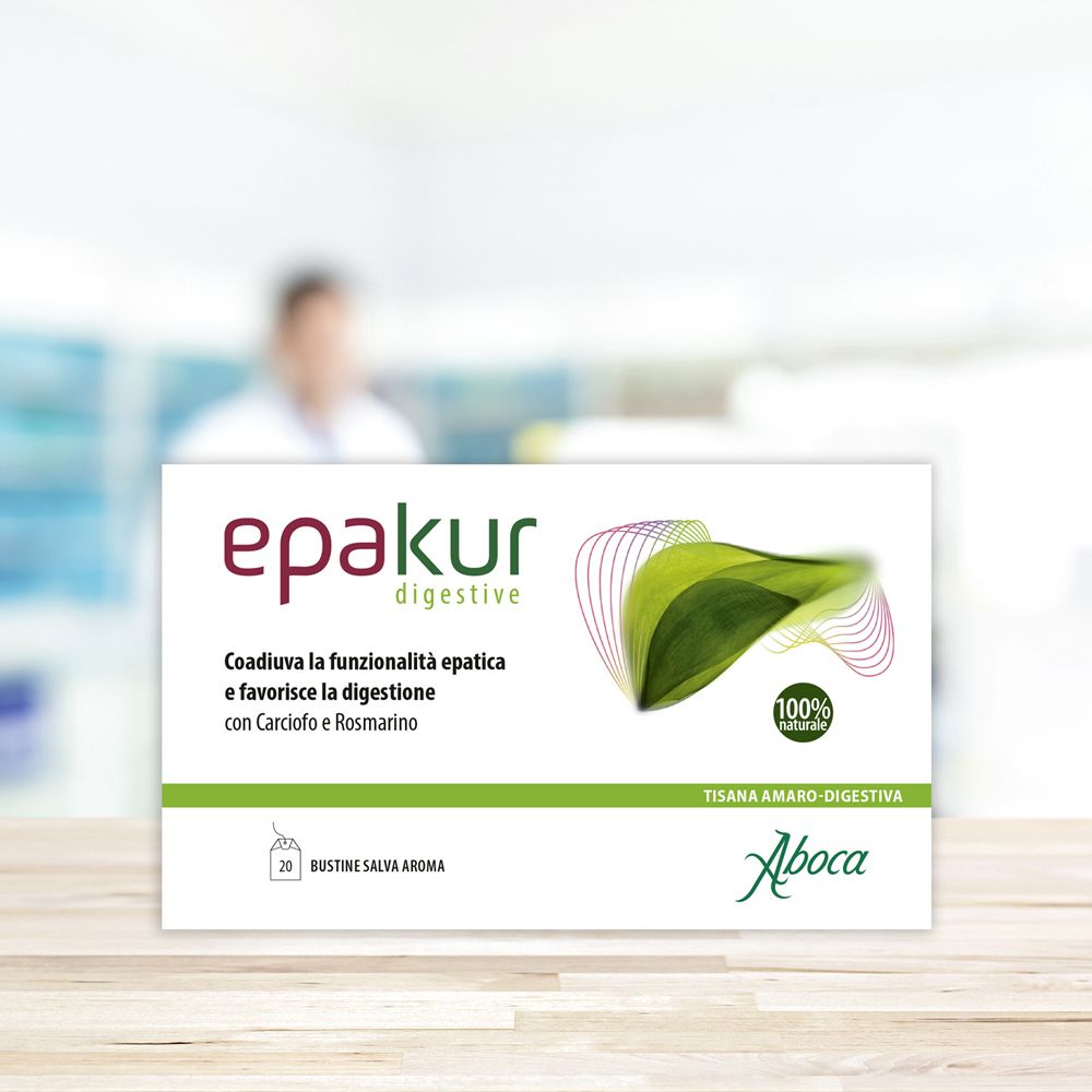 Confezione "epakur digestive" su un tavolo. Logo e informazioni sul prodotto visibili. 20 bustine.