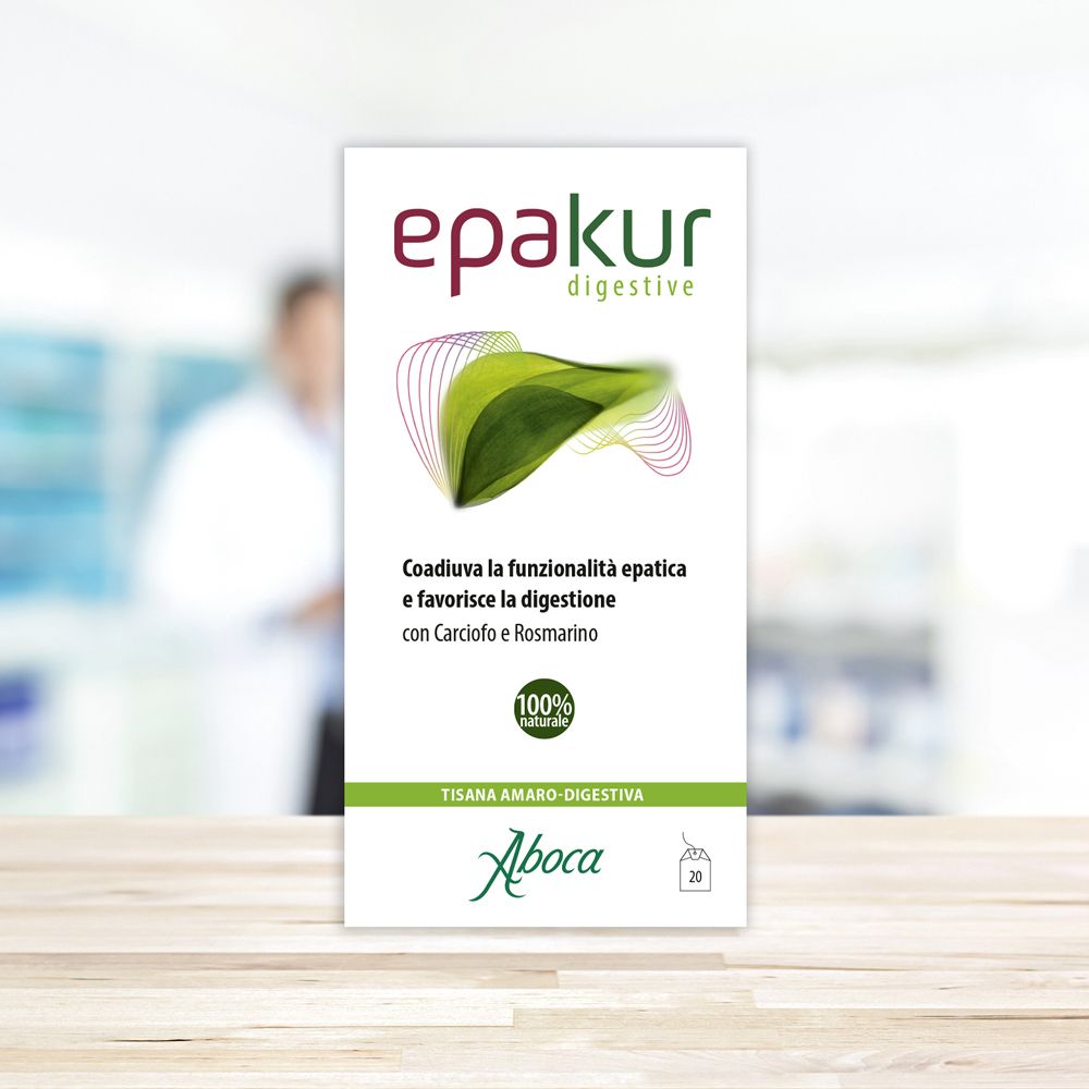 Confezione "epakur digestive" su un tavolo. Logo e informazioni sul prodotto visibili. 20 bustine.