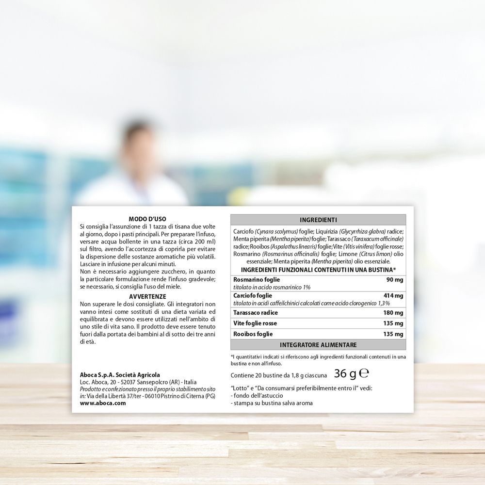 Retro della confezione "epakur digestive". Testo con ingredienti e istruzioni per l'uso. 20 bustine.