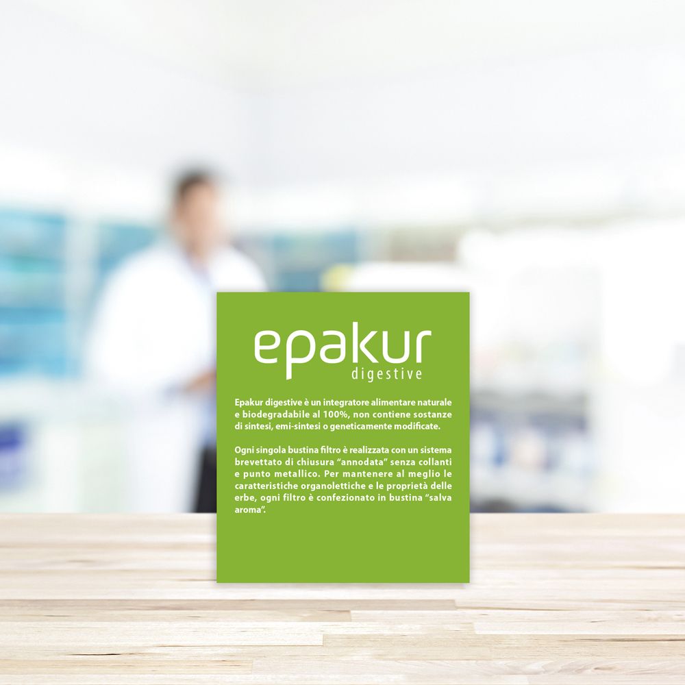 Scheda quadrata verde con logo "epakur digestive". Testo sul prodotto. 100% naturale.