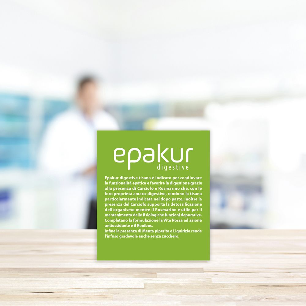 Confezione "epakur digestive". Logo, informazioni sul prodotto e 20 bustine. Confezione verde e bianca.