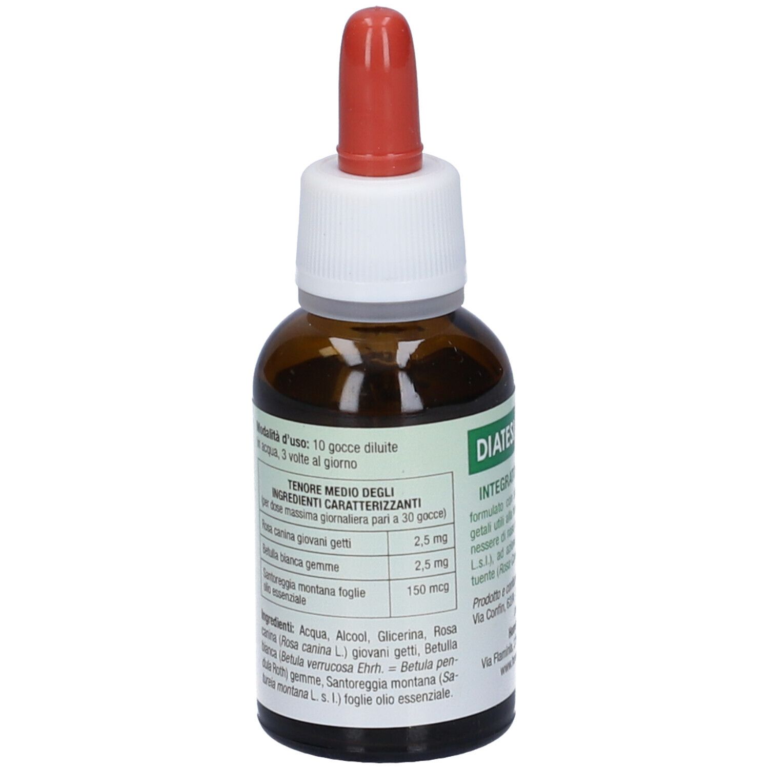 Flacone di vetro marrone con contagocce rosso. Etichetta con testo: Ingredienti, dosaggio. Logo Homeo Sapiens. Dettaglio ingredienti.