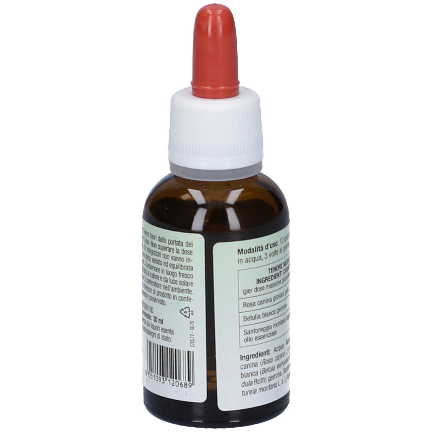 Flacone di vetro marrone con contagocce rosso. Etichetta con testo: Modalità d'uso, ingredienti. Logo Homeo Sapiens. Dettaglio ingredienti.