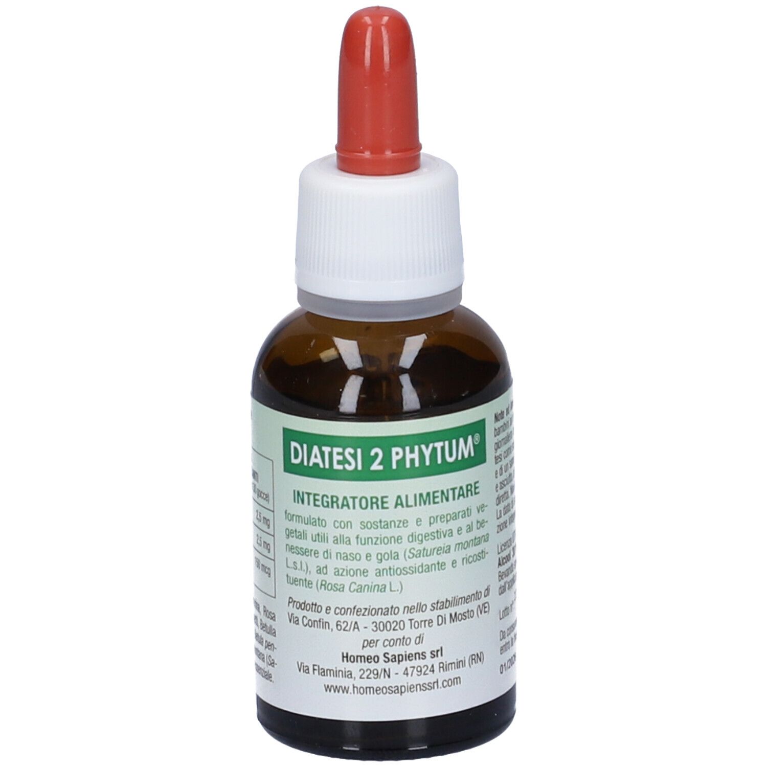Flacone di vetro marrone con contagocce rosso. Etichetta con testo: Diatesi 2 Phytum, Integratore Alimentare. Logo Homeo Sapiens.