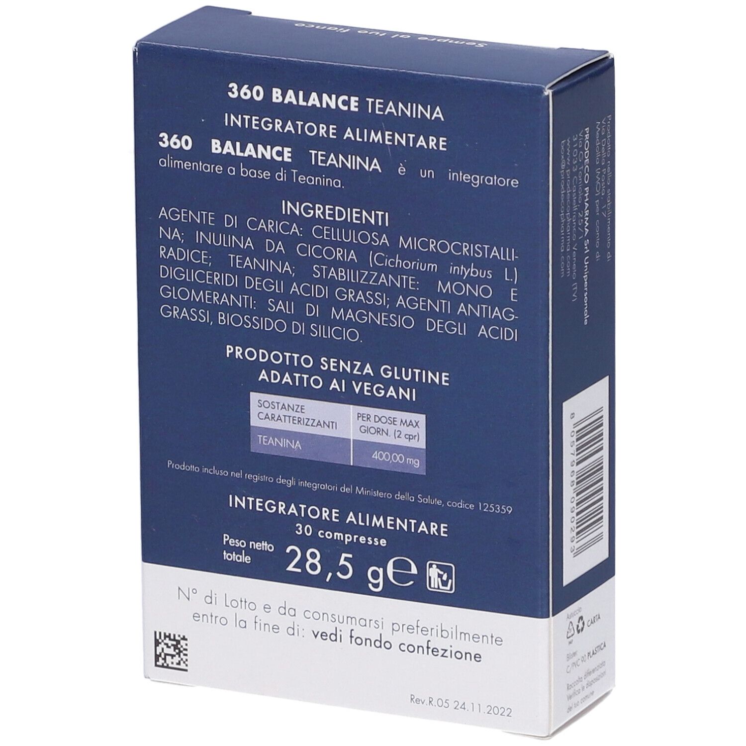 Retro della scatola blu. Testo: "360 BALANCE TEANINA Integratore alimentare". Elenco ingredienti, informazioni nutrizionali, 30 compresse, 28,5 g.