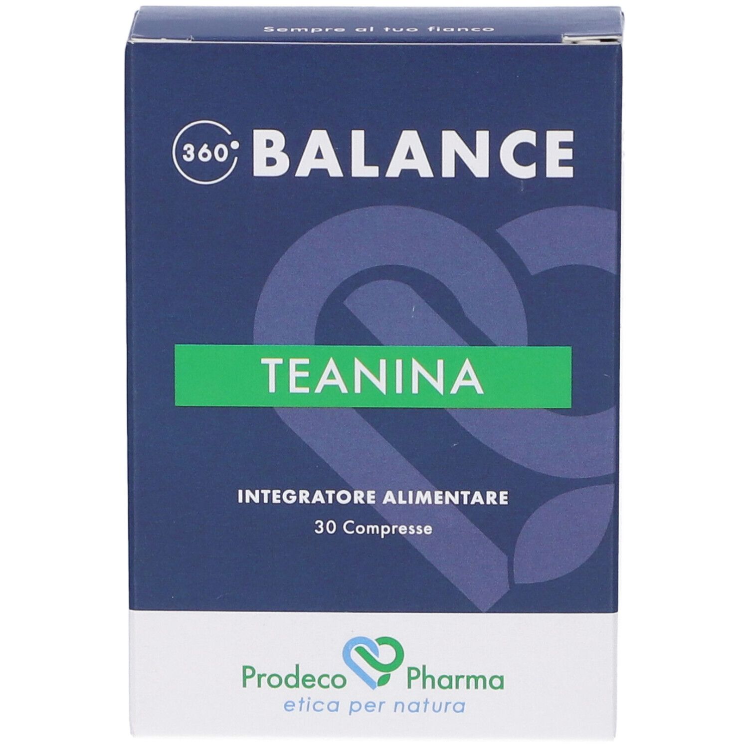 Scatola blu con "360° BALANCE TEANINA". Banda verde "TEANINA". "Integratore alimentare 30 Compresse". Marchio: Prodeco Pharma.