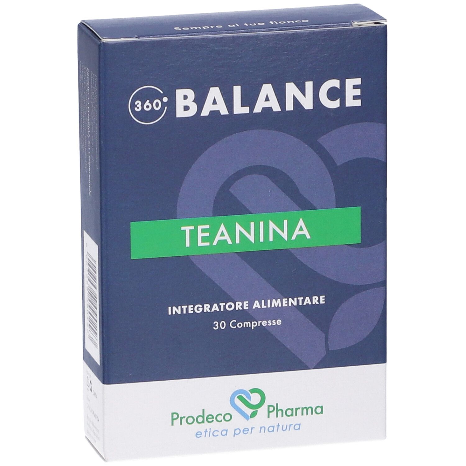 Scatola blu con "360° BALANCE TEANINA". Banda verde "TEANINA". "Integratore alimentare 30 Compresse". Marchio: Prodeco Pharma.