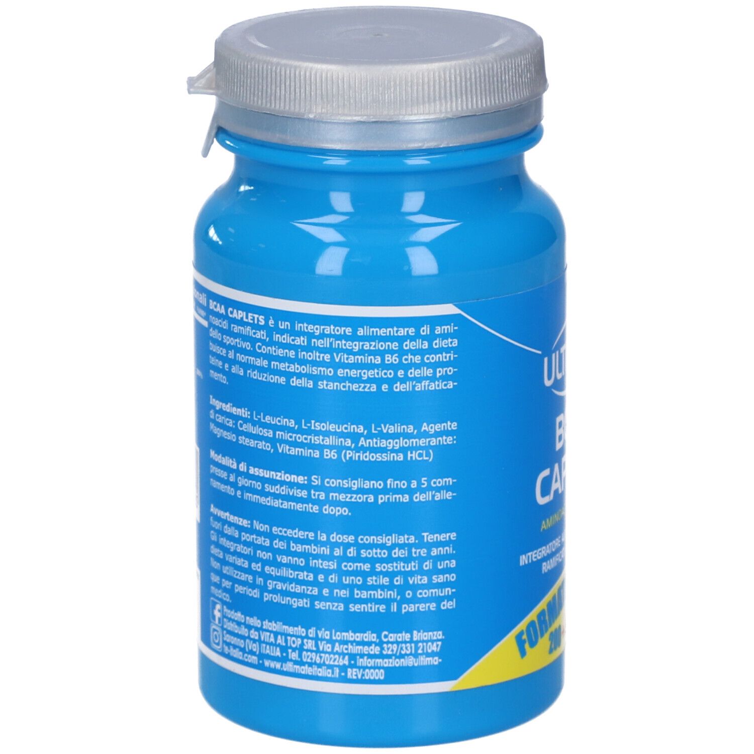 Retro del flacone blu con capsule. Testo: BCAA CAPLETS, ingredienti, istruzioni per l'uso. Informazioni produttore e avvertenze.