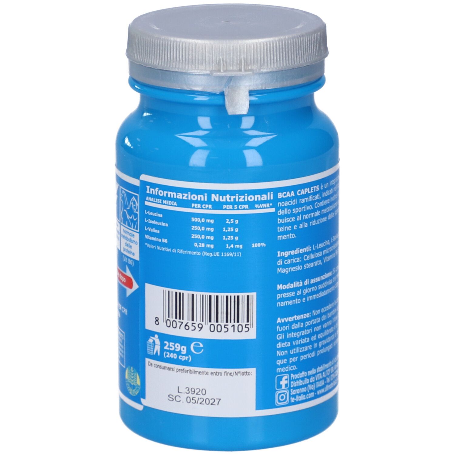 Retro del flacone blu con capsule. Informazioni nutrizionali, codice a barre, peso 259g. Scadenza: 05/2027.