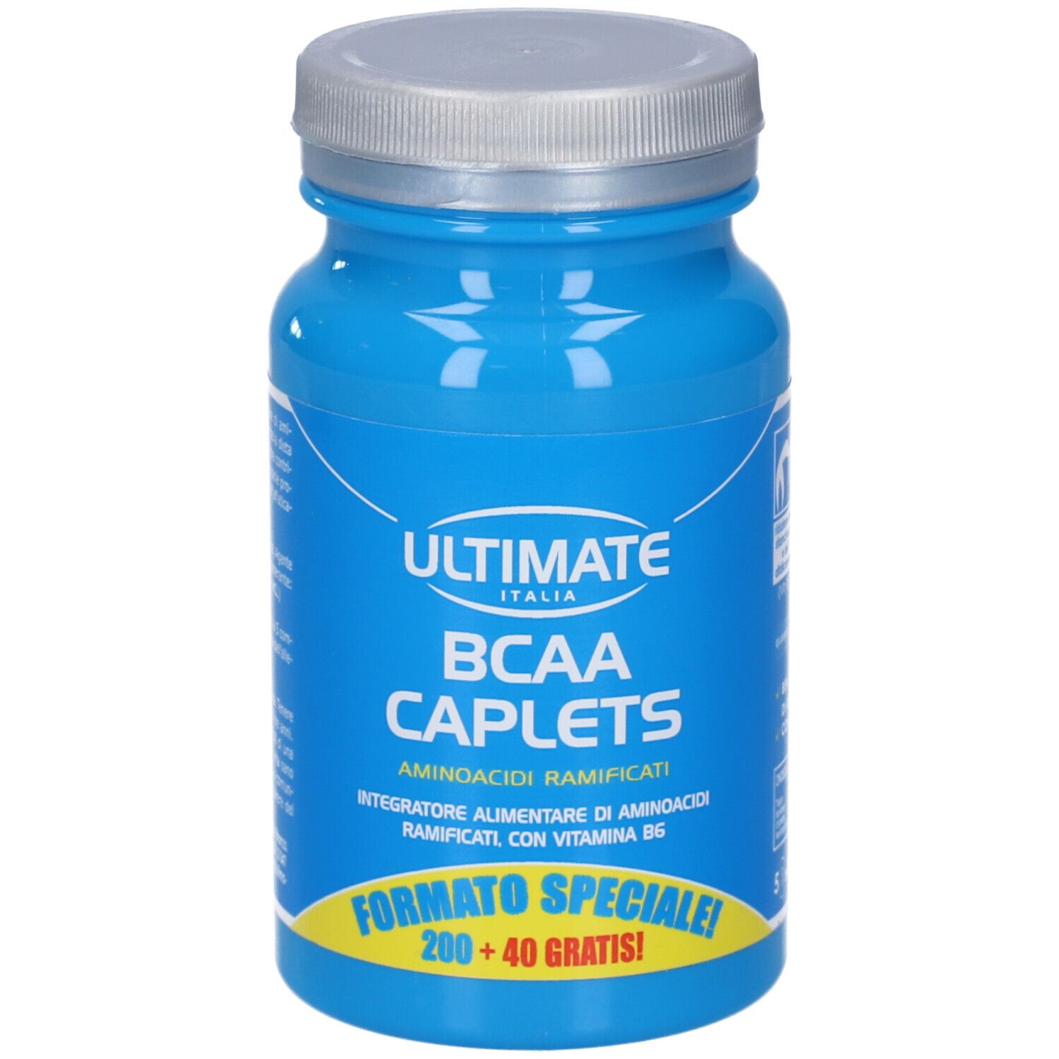 Flacone blu con capsule. Scritta: ULTIMATE ITALIA, BCAA CAPLETS, Aminoacidi. Etichetta gialla: FORMATO SPECIALE! 200 + 40 GRATIS!