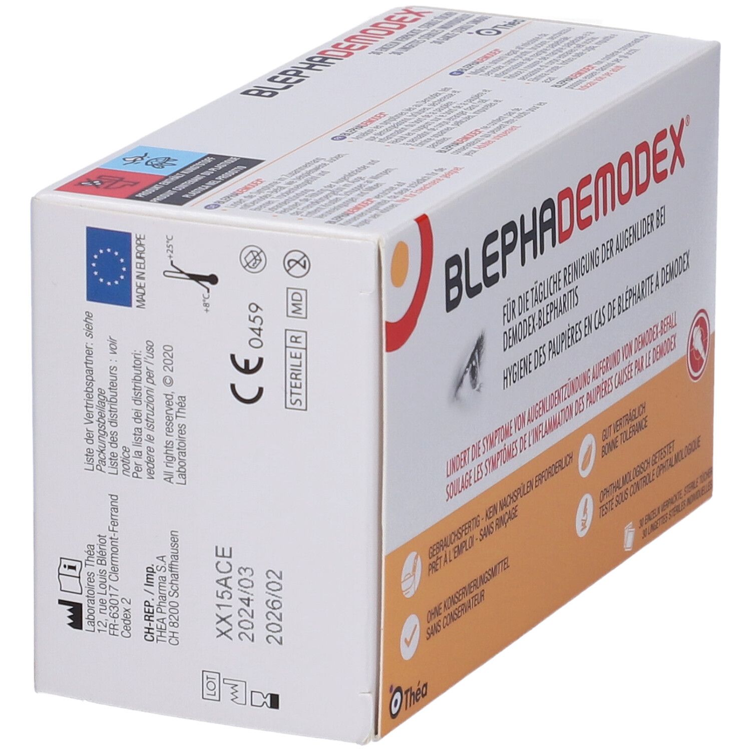 Scatola Blephademodex, vista laterale. Per la pulizia quotidiana delle palpebre. Marchio CE. Sterile. Marchio Thea.