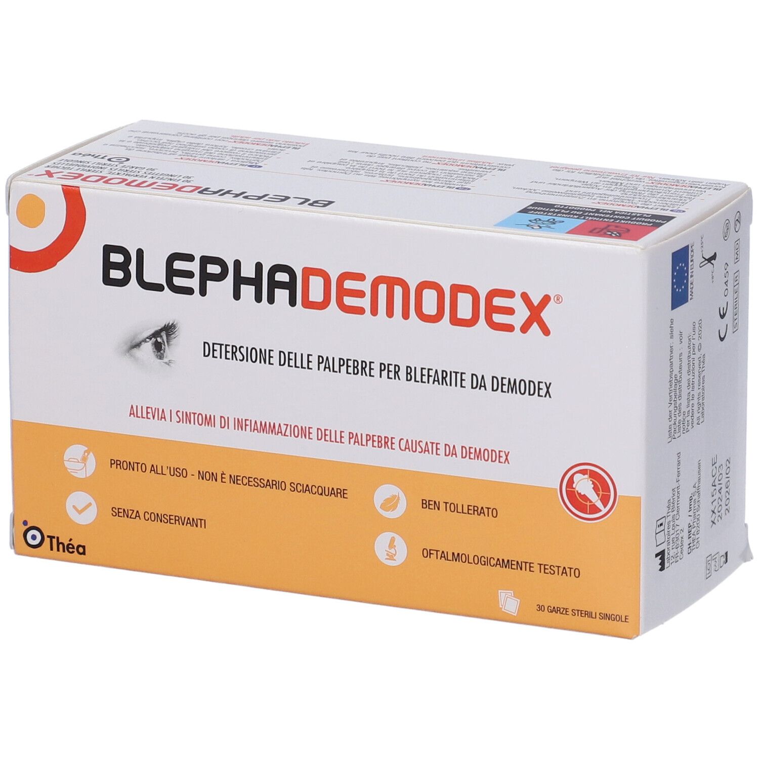 Scatola Blephademodex. Detersione delle palpebre per blefarite. 30 salviette sterili. Marchio Thea.