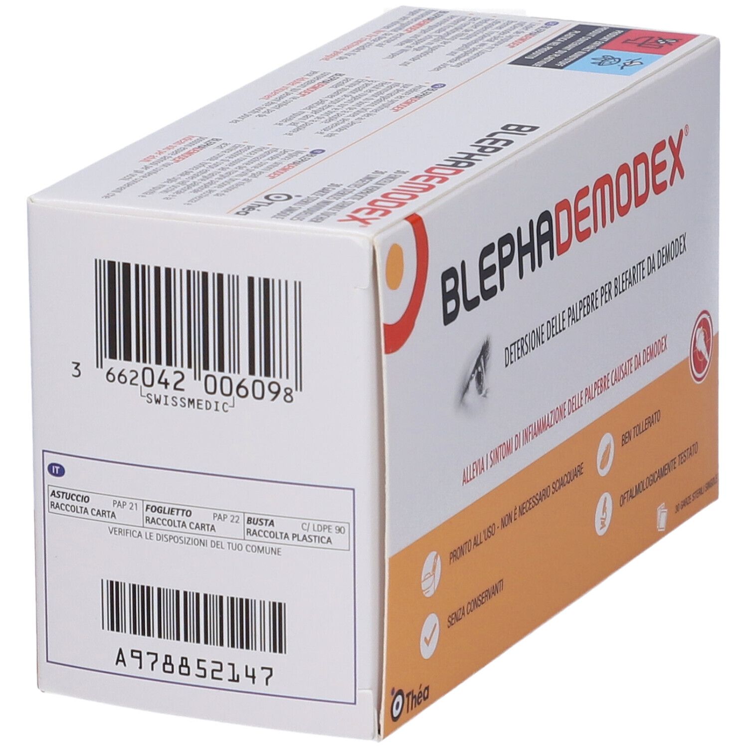 Scatola Blephademodex, vista laterale. Codice a barre e testo: Detersione delle palpebre. Marchio Thea.