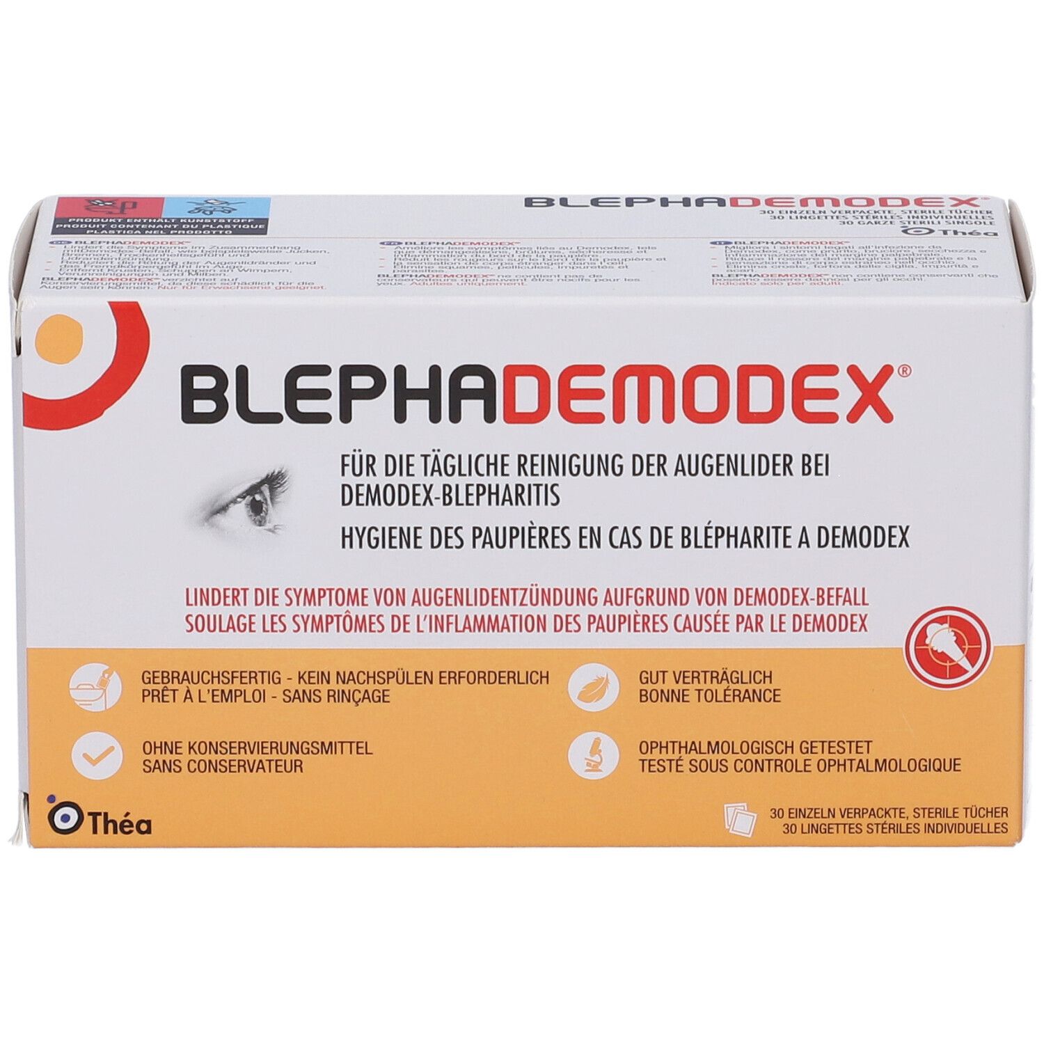 Scatola Blephademodex. Per la pulizia quotidiana delle palpebre. 30 salviette sterili. Marchio Thea.