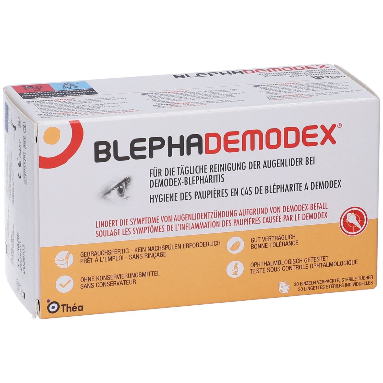 Scatola Blephademodex. Per la pulizia quotidiana delle palpebre. 30 salviette sterili. Marchio Thea.