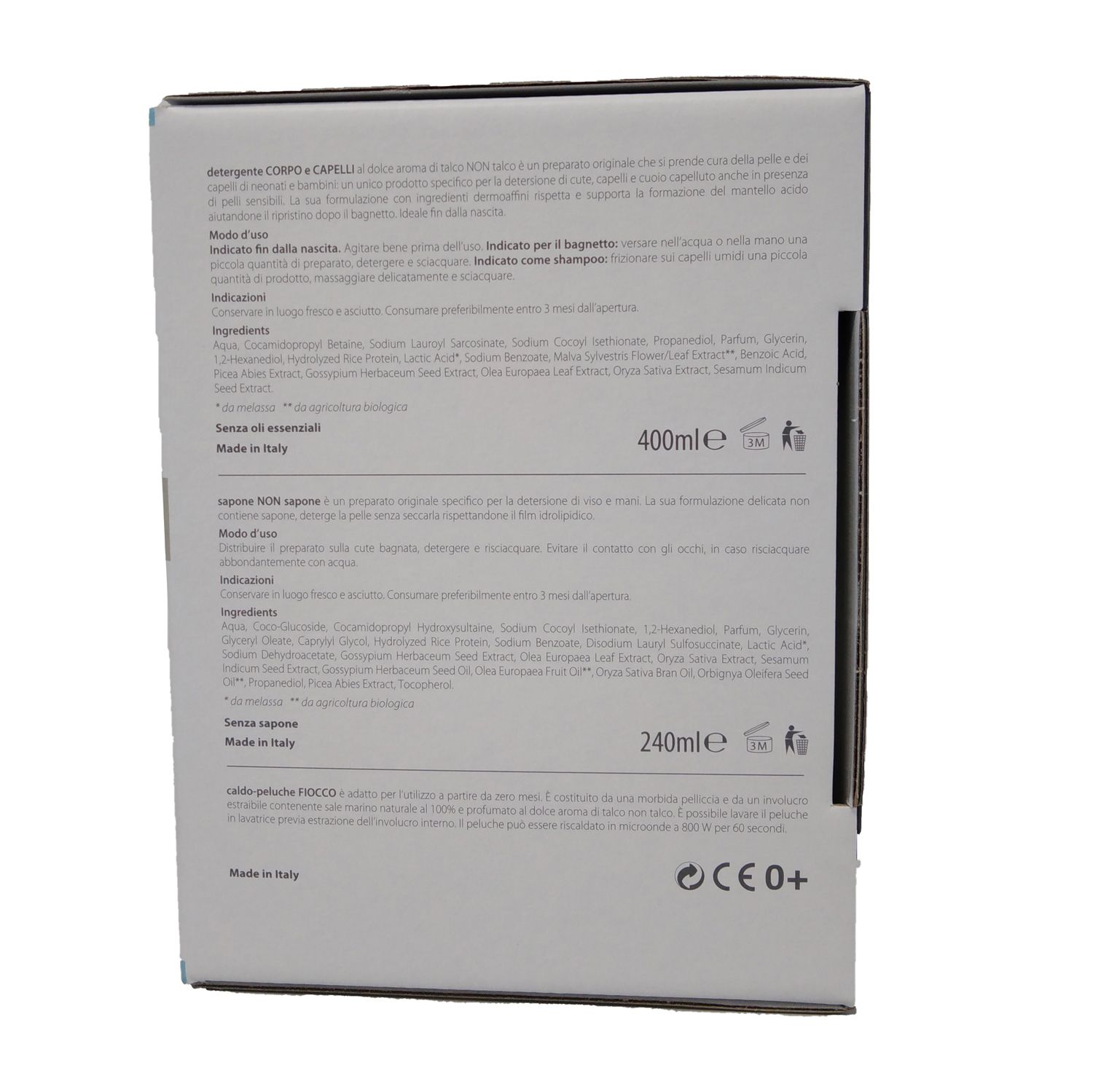 Confezione con testo. Contiene 400ml e 240ml. Prodotto in Italia. Marchio CE.