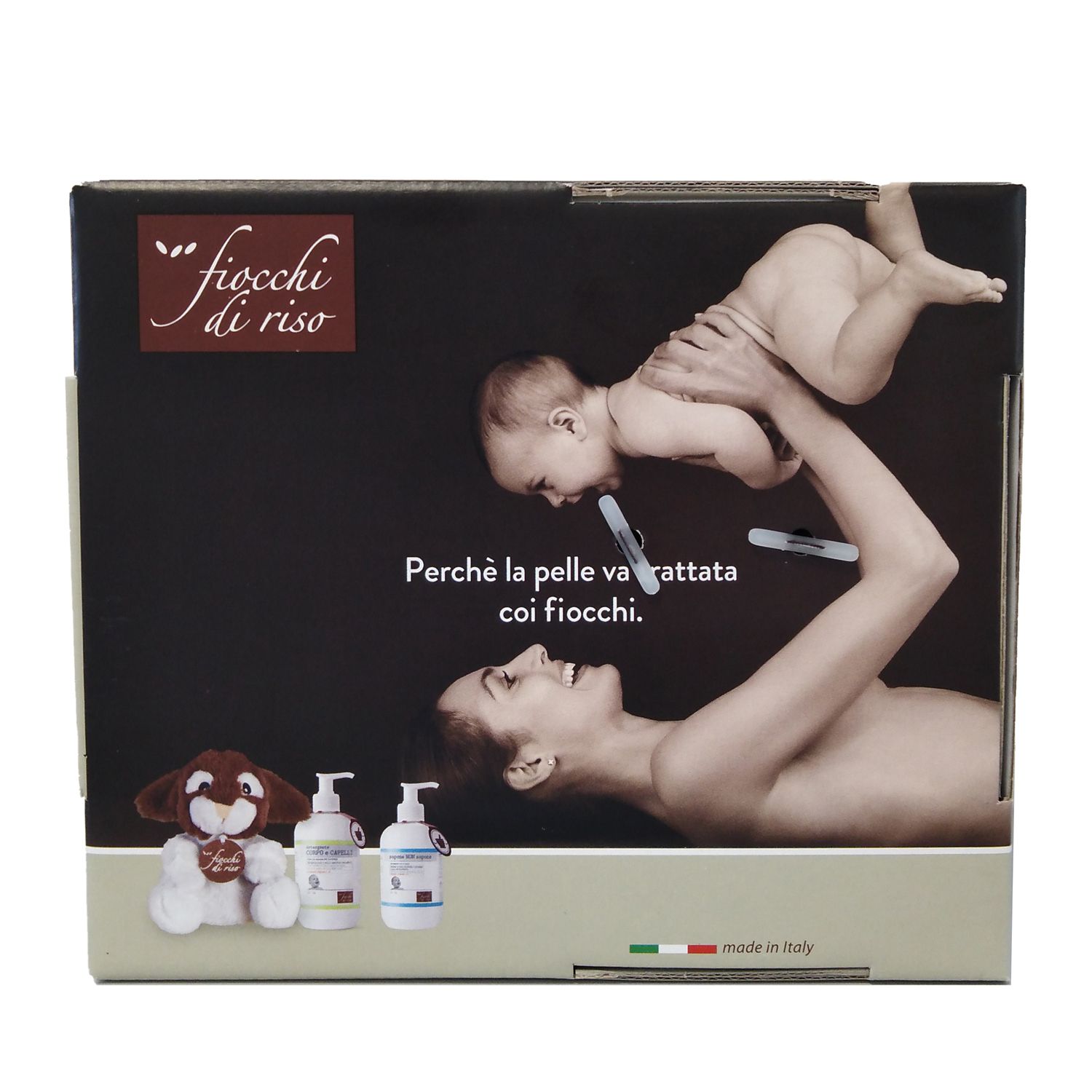 Confezione con immagine di madre e bambino. Flaconi di prodotto e peluche. Testo.